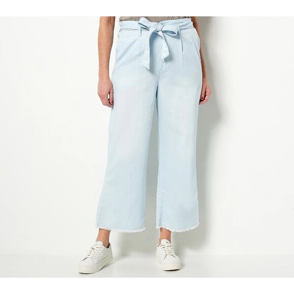Side Stitch Luxe Denim Twill Button Front Wide Leg Crop M Blue BOHO A469978 NEW - Picture 1 of 6